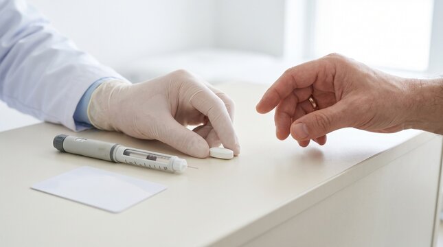 Endocrinologist placing an oral tablet beside an injection pen during consultation, concept of diabetes medication choice, treatment adjustment and personalized therapy