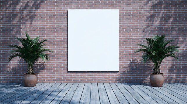 Blank white rectangular canvas mockup on a red brick wall with two palm plants in terracotta pots on a wooden deck with soft leaf shadows