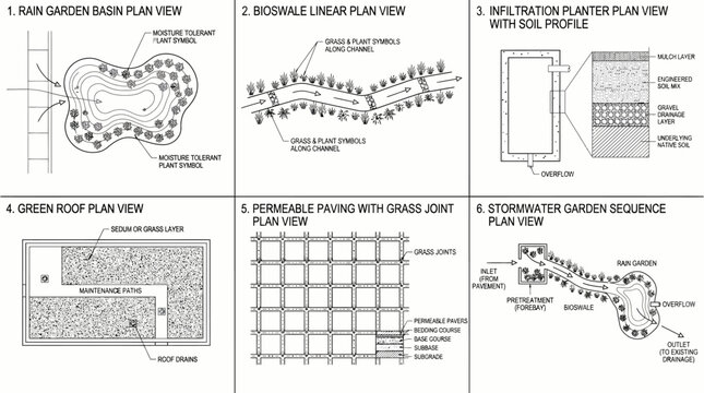 Technical Engineering Diagrams of Sustainable Stormwater Management Systems.