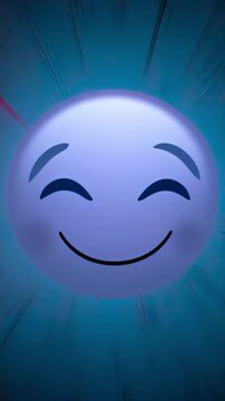Emoji changes from panic into calm smile against blue background, anxiety relief, wellness reaction, stress recovery, chatbot mood response, mental health signal, and emotional balance communication.