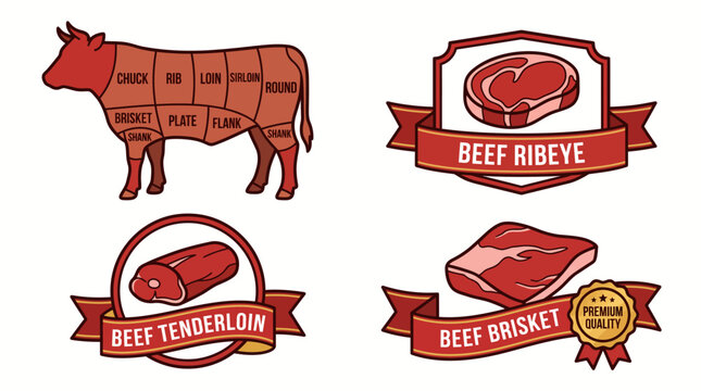 Set of Vintage Butcher Shop Meat Cuts and Labels.