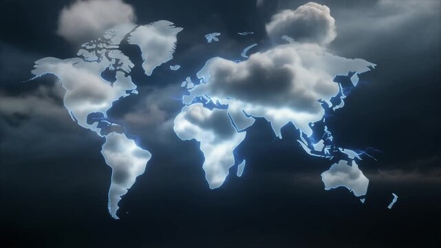 Cinematic Global 3d Map Pulsing with Blue Light in Stormy Sky