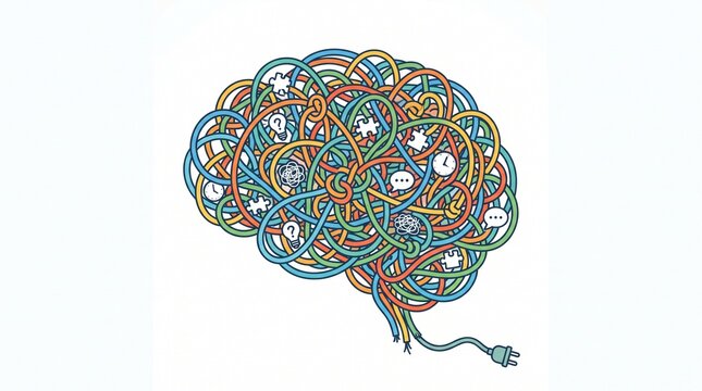 Brain shaped from tangled multicolored cables with icons on white background