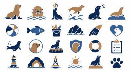 Flat Design Sea Animal and Nautical Icon Collection. © Ako