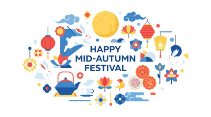 Mid-autumn festival greeting card with moon rabbits and lanterns © Lunar Studio