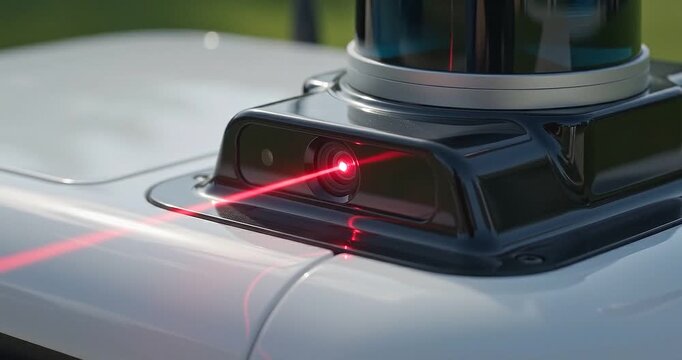 Autonomous vehicle sensor lidar laser beam self driving car automotive navigation safety system close up roof module autonomous delivery robot sidewalk suburban lidar camera sensor wheeled courier