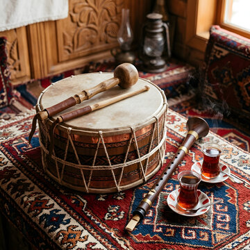 Overhead view of Davul drum and Zurna flute with Turkish tea