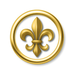Vector 3d Golden Fleur De Lis Symbol in Round Frame. Elegant Royal Emblem. Classic French Heraldic Icon. Luxury Fleur De Lis Sign. Logo Design, Badge, Noble Decoration, Vintage Ornament © gomolach