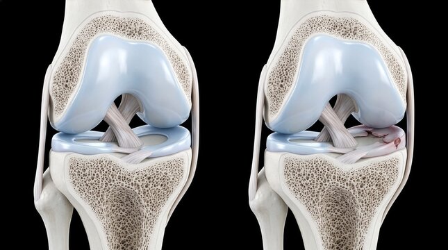 Healthy Knee Joint vs Meniscus Tear with Internal Bone Cutaway, 3D Medical Illustration