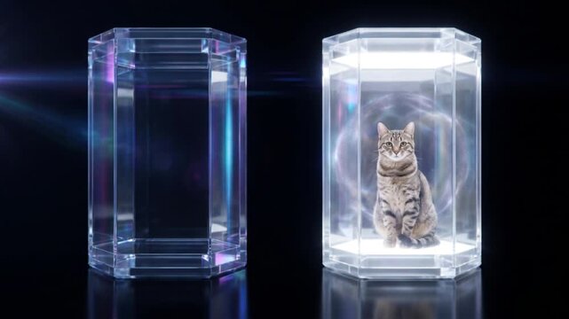 暗黒空間における猫の量子テレポーテーションと情報再構築を描く高精細CG映像