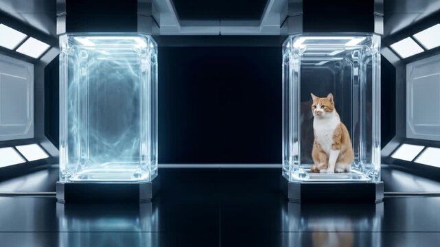 暗黒空間における猫の量子テレポーテーションと情報再構築を描く高精細CG映像