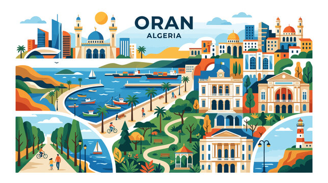 Vibrant illustrated panorama of oran algeria featuring iconic architecture and scenic waterfront views capturing the city's