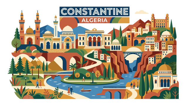 Colorful Illustration of Constantine Cityscape in Algeria Showcasing Historic Architecture and Natural Landscape with Rivers and