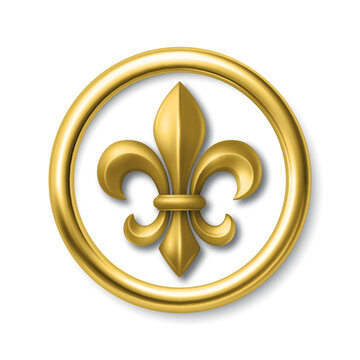 Vector 3d Golden Fleur De Lis Symbol in Round Frame. Elegant Royal Emblem. Classic French Heraldic Icon. Luxury Fleur De Lis Sign. Logo Design, Badge, Noble Decoration, Vintage Ornament