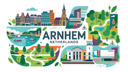 Obraz premium Vibrant illustrated collage showcasing Arnhem Netherlands cityscape with cultural landmarks natural parks and outdoor