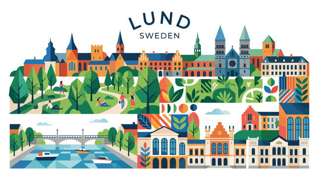 Colorful illustrated panoramic view of Lund Sweden cityscape with vibrant buildings and lush greenery