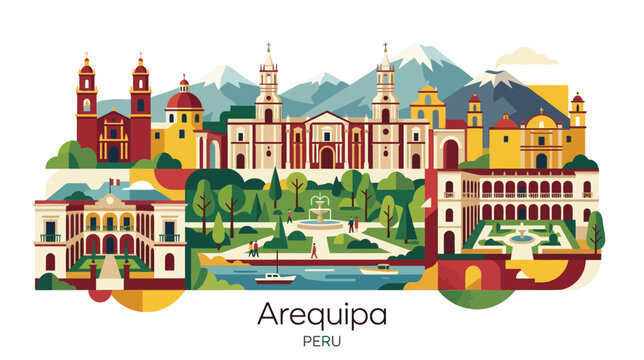 Vibrant illustrated depiction of Arequipa Peru showcasing historic architecture and lush greenery with mountainous backdrop