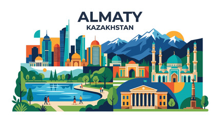 Fototapeta premium Vivid Illustration of Almaty Kazakhstan Showcasing City Skylines Historic Landmarks and Natural Mountain Scenery in a Colorful