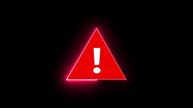 Red warning triangle with exclamation mark glowing neon on black background.