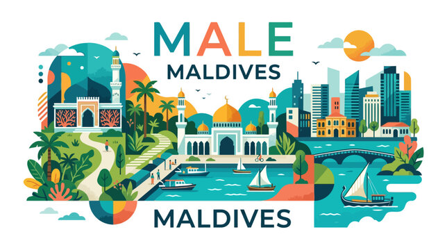 Vibrant digital illustration depicting male cultural diversity and scenic landmarks of the Maldives showcasing urban and natural