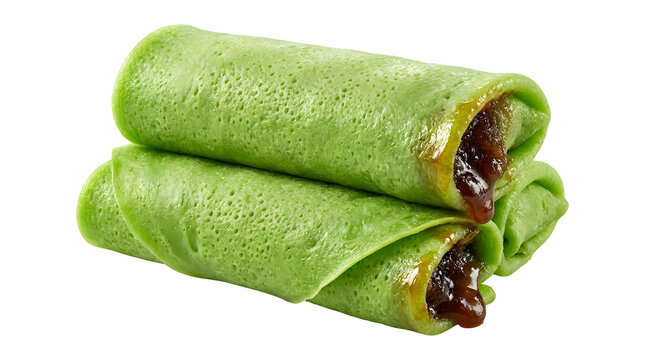 Kuih Dadar, a traditional Malaysian rolled sweet pandan crepe pancake filled with grated coconut and liquid palm sugar syrup, isolated on a solid clean white background