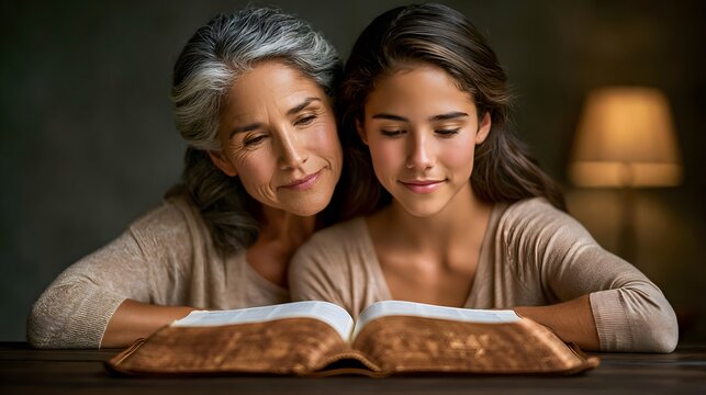 Grandmother and Granddaughter Reading Bible at Dusk
