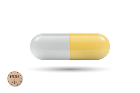 Vector 3d Yellow and White Capsule Pill Isolated. Realistic 3d Medicine Illustration for Pharmacy and Healthcare. Prescription Drug Supplement Concept. Medical Medication Icon