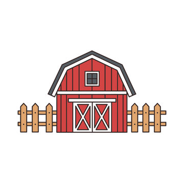 Red Barn with Wooden Fence Farm Illustration
