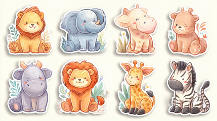 Naklejka premium Cute Baby Animal Stickers Set Featuring Adorable Jungle Wildlife Characters