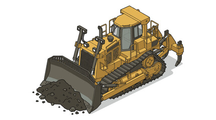 Yellow heavy construction bulldozer with metal tracks on industrial site. © Bismillah