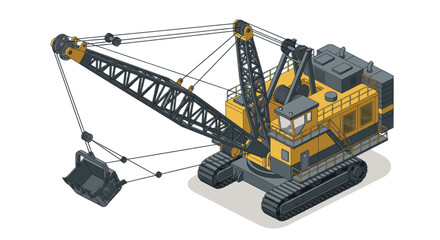 Obraz premium Yellow tracked excavator with crane arm lifting heavy construction materials.