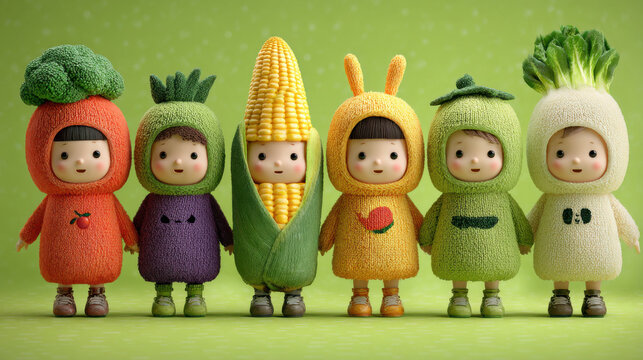 Cute cartoon vegetable characters smiling on a green background