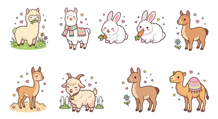 Fototapeta premium Llama and rabbit sticker set in cute style.
