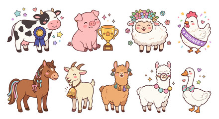 Fototapeta premium Prize-winning farm animals with trophies and ribbons.