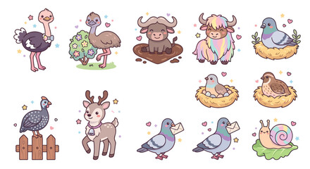 Fototapeta premium Assorted birds and mammals kawaii sticker set.