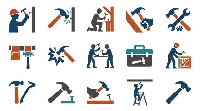 Colorful Construction Tools and Workers Icon Set.