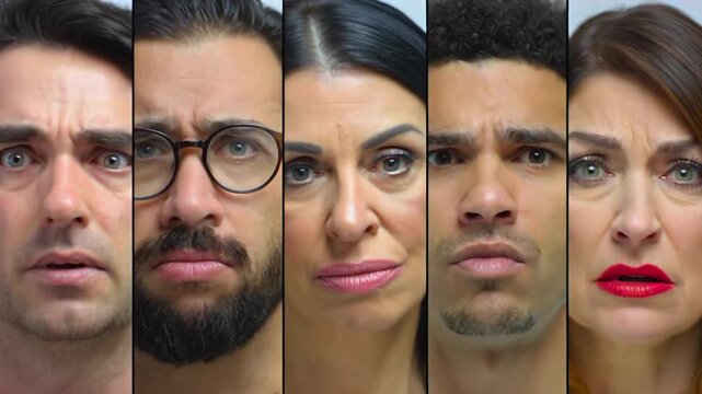 Faces show universal emotions in split close-up montage, anger, disgust, confusion and tension, psychology education, reaction analysis, customer sentiment, and human behavior study for campaigns.