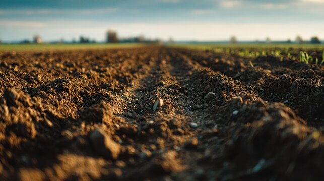 Close up view of freshly tilled dark brown soil furrows.