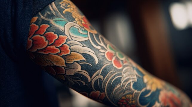 Colorful traditional Japanese sleeve tattoo on an arm.