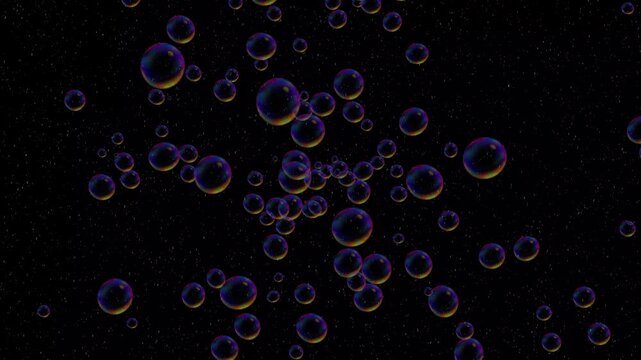Abstract motion background with floating vibrant soap bubbles over a dark backdrop.