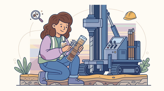 A geologist examines soil samples while a drilling machine operates in the background showing scientific exploration with happy mood