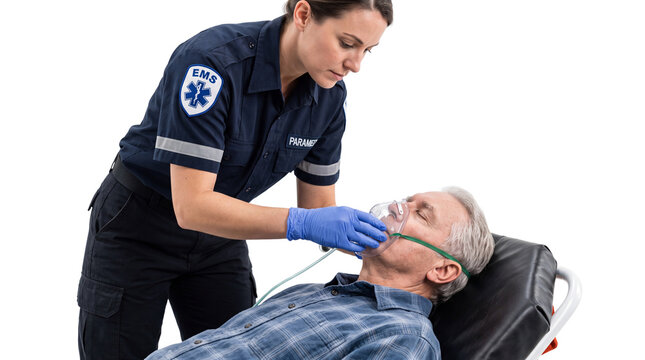Female Paramedic Administering Oxygen to Senior Male Patient on Stretcher Isolated