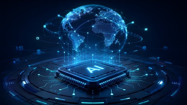 3D Render of Artificial Intelligence Microchip Processor Emitting Holographic Global Network Earth