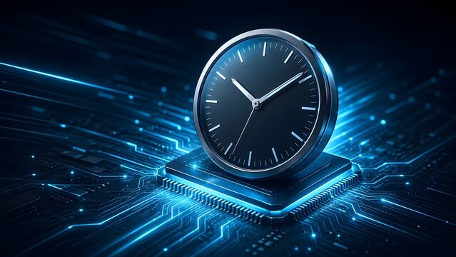 High performance real time computing concept with analog clock resting on a glowing blue motherboard CPU microchip