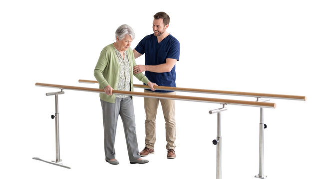Professional Physical Therapist Helping Senior Woman Walk on Parallel Bars for Rehabilitation Isolated on Transparent Background