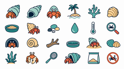 Fototapeta premium Colorful flat illustration of tropical beach and sea life icons.