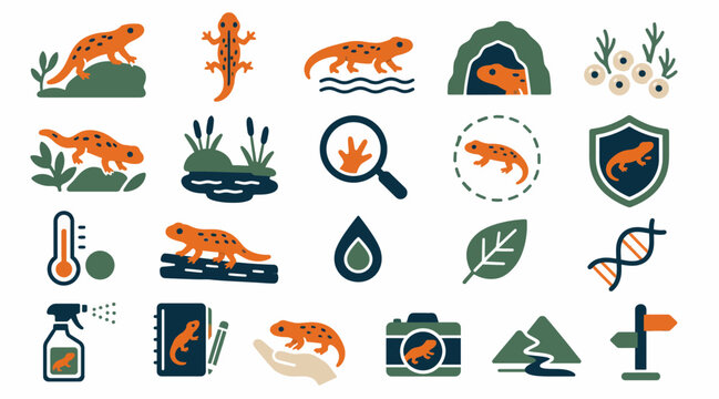 Colorful flat design icons of newts and nature elements.