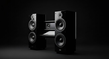Fototapeta premium Sleek black audio system with two large speakers and a central unit