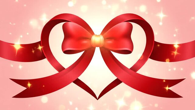 Red ribbon heart shape illustration on pink background for design