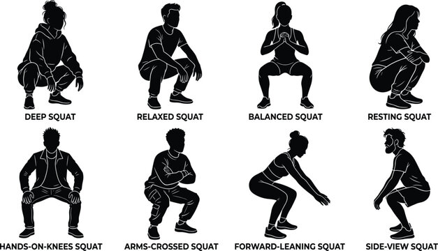 Set of diverse people silhouettes performing various squatting positions for fitness, exercise, and movement concepts